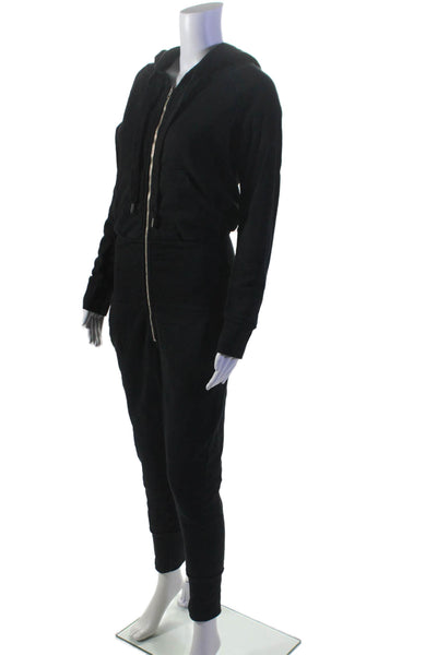 NSF Womens Cotton Black Zip Front Hooded Long Sleeve Cuff Ankle Overalls Size S