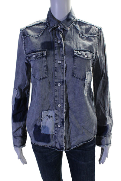 Generation Love Womens Button Front Distressed Patched Shirt Blue Size XS