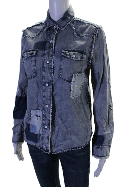 Generation Love Womens Button Front Distressed Patched Shirt Blue Size XS