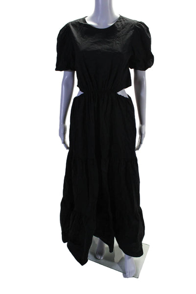 Wayf Womens Short Sleeves Cut Out Waist A Line Dress Black Cotton Size Medium