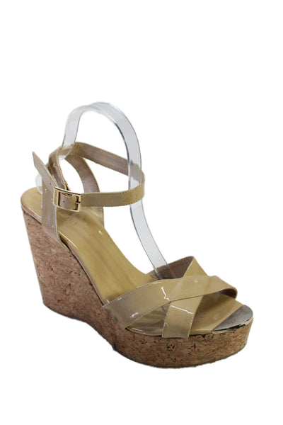 Jimmy Choo Womens Patent Leather Slingbacks Cork Wedge Sandals Beige Size 42 12