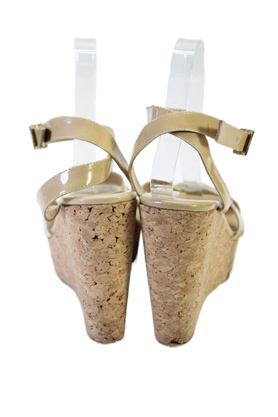 Jimmy Choo Womens Patent Leather Slingbacks Cork Wedge Sandals Beige Size 42 12