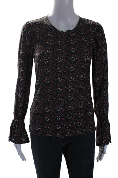 Nation LTD Womens Pima Cotton Floral Long Sleeve T-Shirt Top Black Size XS