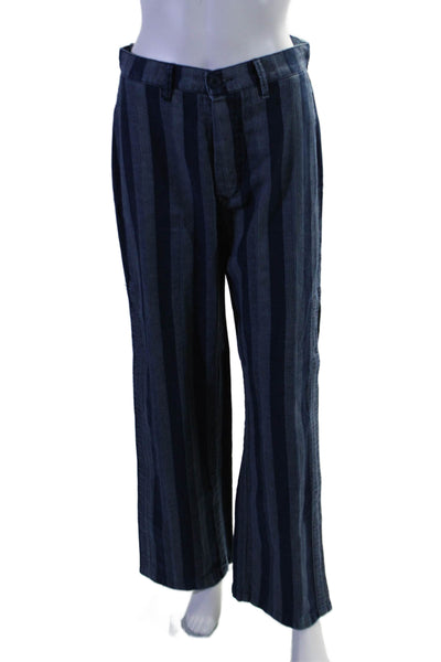 Free People Women's Button Closure Slit Hem Wide Leg Pants Blue Striped Size 27