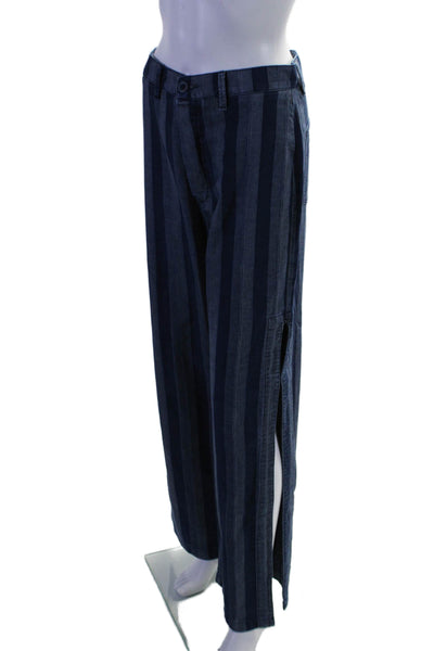 Free People Women's Button Closure Slit Hem Wide Leg Pants Blue Striped Size 27