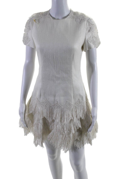 Jonathan Simkhai Womens Wool Woven Floral Detailed Fringed Dress White Size 8