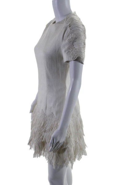 Jonathan Simkhai Womens Wool Woven Floral Detailed Fringed Dress White Size 8