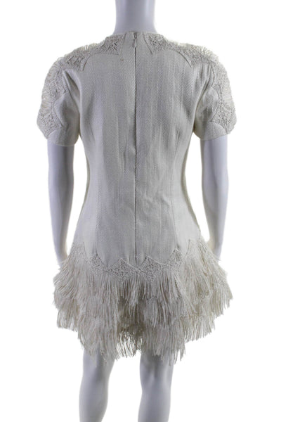 Jonathan Simkhai Womens Wool Woven Floral Detailed Fringed Dress White Size 8