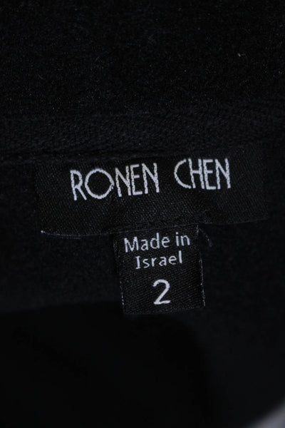 Ronen Chen Womens Long Sleeves Ruched Button Down Light Jacket Black Size 2