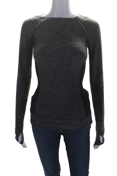 Lululemon Womens Long Sleeve Stretch Knit Scoop Neck Tee Shirt Gray Black Size 2