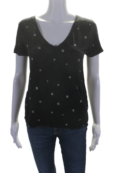 Rails Womens Short Sleeve V Neck Star Printed Tee Shirt Black White Linen XS