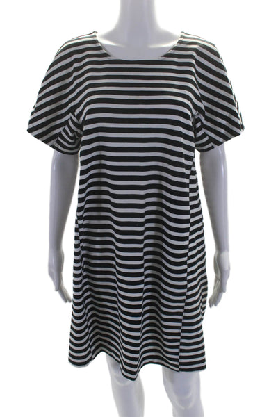 J Crew Womens Cotton Striped Round Neck Short Sleeve Mini Dress Black Size L