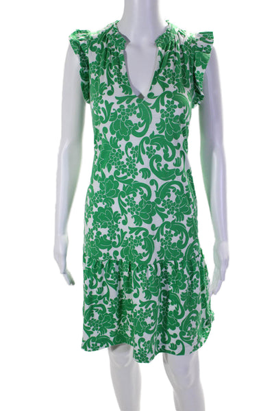 Boden Womens Cotton Short Sleeve Ruffle V-neck Printed Dress Green Size 4