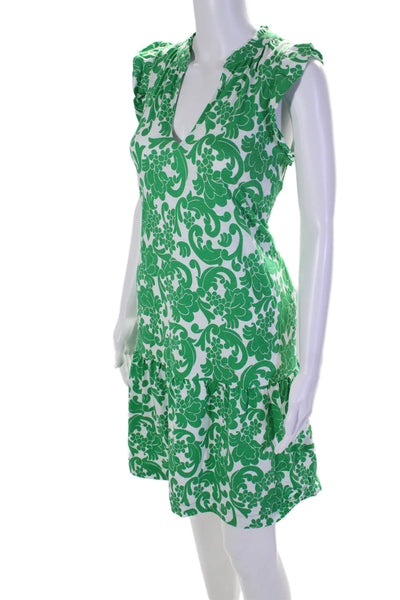 Boden Womens Cotton Short Sleeve Ruffle V-neck Printed Dress Green Size 4