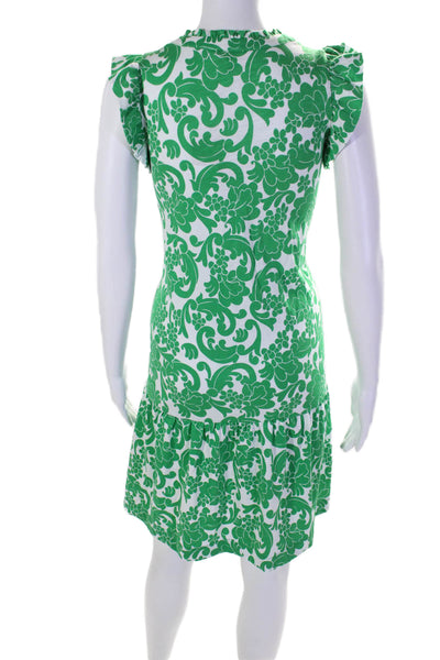 Boden Womens Cotton Short Sleeve Ruffle V-neck Printed Dress Green Size 4