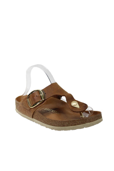 Birkenstock Womens Suede Textured Thong Strap Gold Tone Buckle Sandals Brown Siz