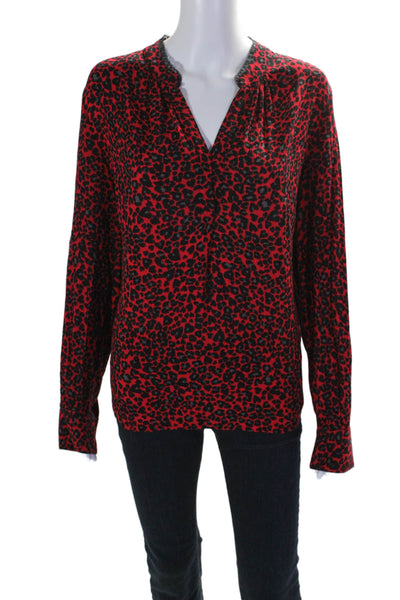 Zadig & Voltaire Womens Red Leopard Print V-Neck Long Sleeve Blouse Top Size L