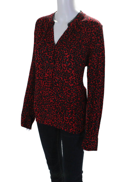 Zadig & Voltaire Womens Red Leopard Print V-Neck Long Sleeve Blouse Top Size L