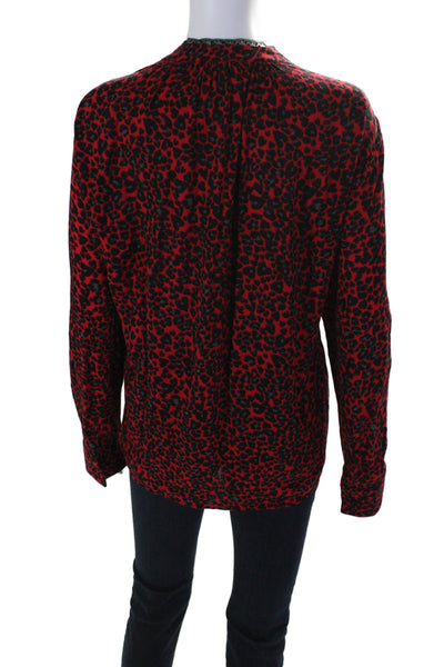 Zadig & Voltaire Womens Red Leopard Print V-Neck Long Sleeve Blouse Top Size L