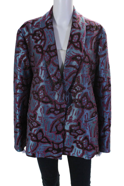 Niu Womens Red Blue Printed One Button Long Sleeve Lined Blazer Size XL