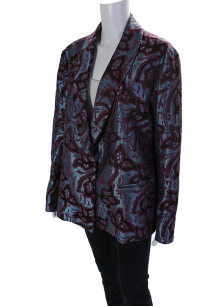 Niu Womens Red Blue Printed One Button Long Sleeve Lined Blazer Size XL