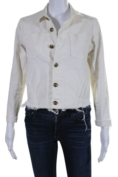 L'Agence Womens Cropped Button Down Raw Hem Denim Jacket White Size S