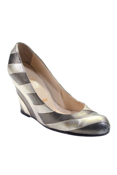 Christian Louboutin Womens Two Tone Metallic Gray Striped Wedge Shoes Size 8.5