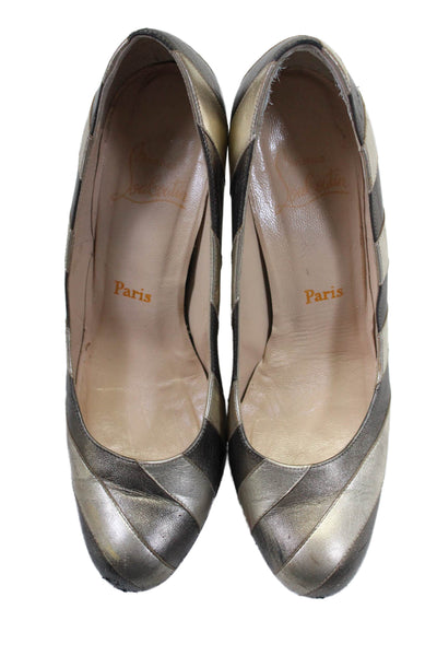 Christian Louboutin Womens Two Tone Metallic Gray Striped Wedge Shoes Size 8.5