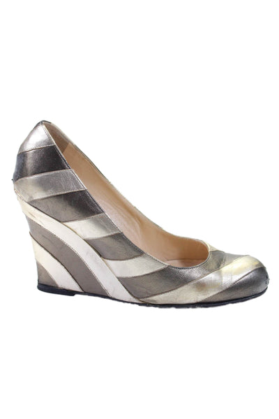 Christian Louboutin Womens Two Tone Metallic Gray Striped Wedge Shoes Size 8.5