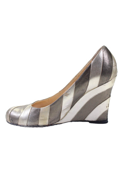 Christian Louboutin Womens Two Tone Metallic Gray Striped Wedge Shoes Size 8.5