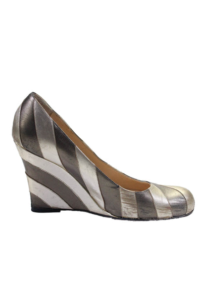 Christian Louboutin Womens Two Tone Metallic Gray Striped Wedge Shoes Size 8.5