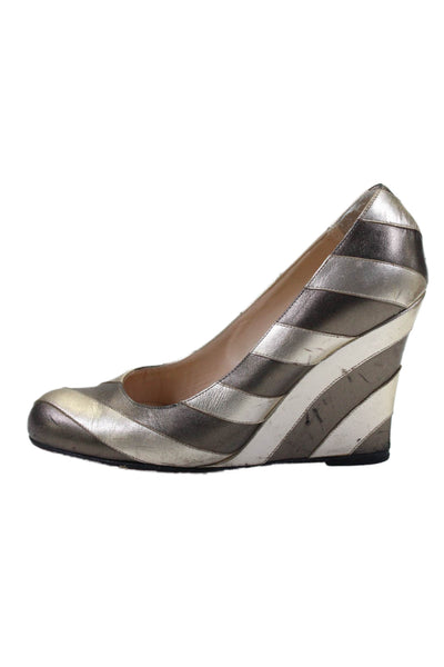 Christian Louboutin Womens Two Tone Metallic Gray Striped Wedge Shoes Size 8.5