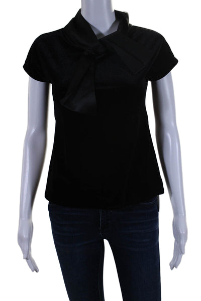 Maison De Papillon Womens Velvet Tie Neck Short Sleeves Blouse Black Size Small