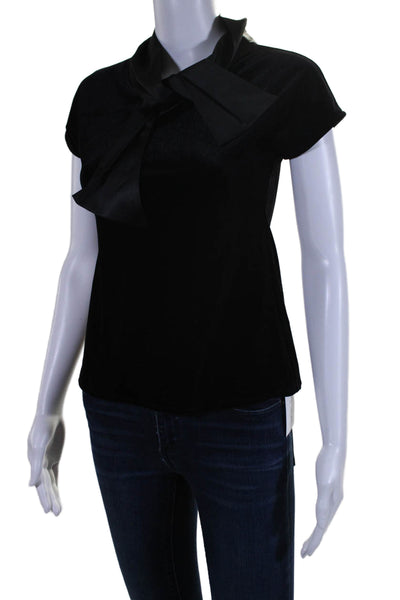 Maison De Papillon Womens Velvet Tie Neck Short Sleeves Blouse Black Size Small