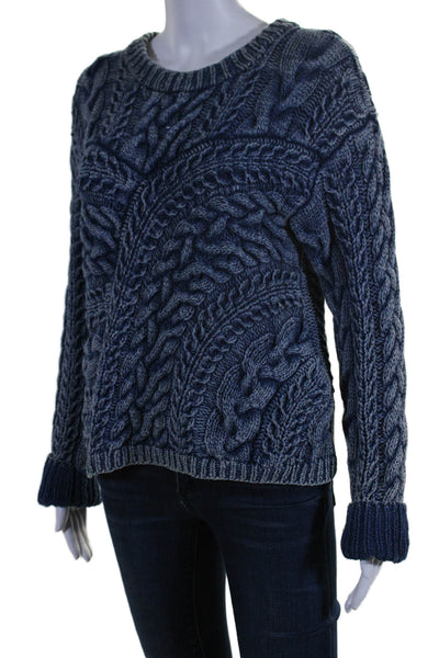 Intermix Womens Cotton Blue Chunky Cable Knit Crew Neck Sweater Top Size L