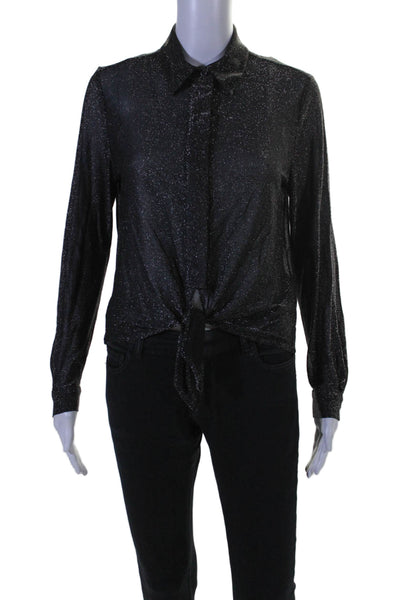 Margaux Lonnberg Womens Long Sleeve Metallic Collared Blouse Black Size 34