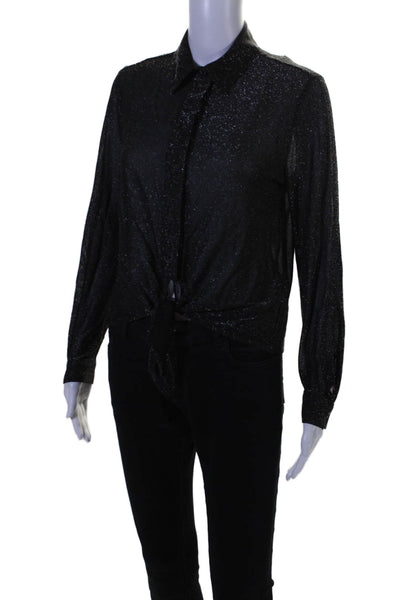 Margaux Lonnberg Womens Long Sleeve Metallic Collared Blouse Black Size 34