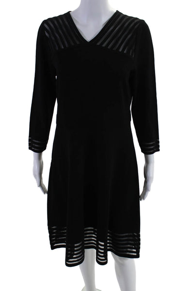 Calvin Klein Womens V-Neck Long Sleeves Sheer Trim Flare Mini Dress Black Size L