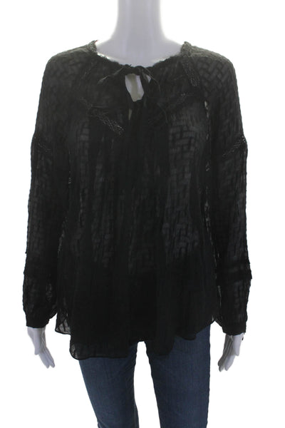 Rebecca Taylor Womens Long Sleeve Sheer Lace Trim Blouse Black Size 12