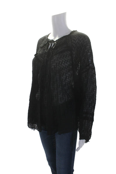 Rebecca Taylor Womens Long Sleeve Sheer Lace Trim Blouse Black Size 12