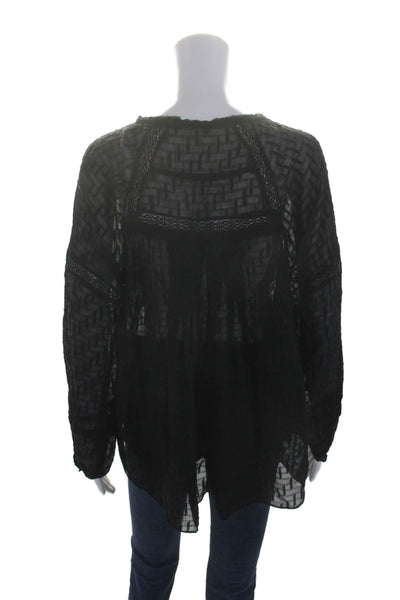 Rebecca Taylor Womens Long Sleeve Sheer Lace Trim Blouse Black Size 12