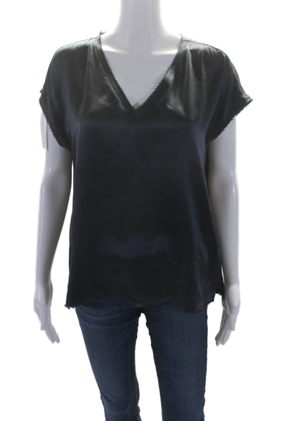 Designer Womens Silk Sleeveless V-neck Sleek Blouse Navy Blue Size S