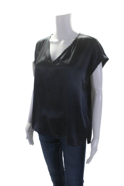 Designer Womens Silk Sleeveless V-neck Sleek Blouse Navy Blue Size S