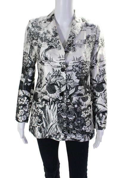 Judy Zhang Womens Silk Open Front Collar Button Floral Blouse White Size 4