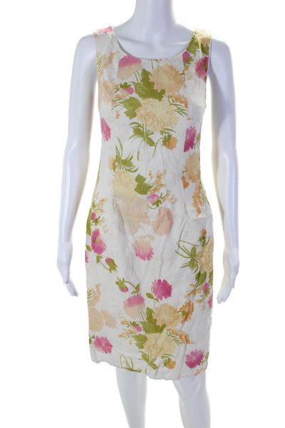 J Jill Womens Linen Scoop Neck Sleeveless Floral Printed A-line Dress Cream Size