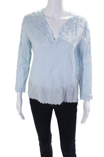 The Kooples Womens 3/4 Sleeve V Neck Ladder Lace Dotted Top Blue Cotton Size XS