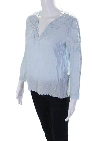 The Kooples Womens 3/4 Sleeve V Neck Ladder Lace Dotted Top Blue Cotton Size XS