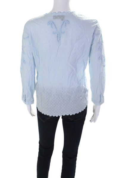 The Kooples Womens 3/4 Sleeve V Neck Ladder Lace Dotted Top Blue Cotton Size XS