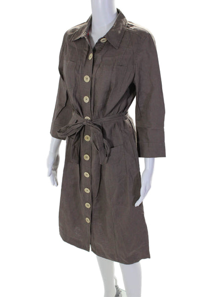 Boden Womens Linen Long Sleeve Tie waist Button Down Dress Brown Size 14