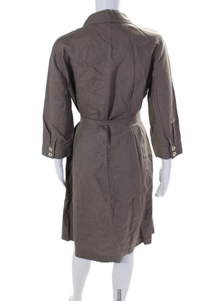 Boden Womens Linen Long Sleeve Tie waist Button Down Dress Brown Size 14